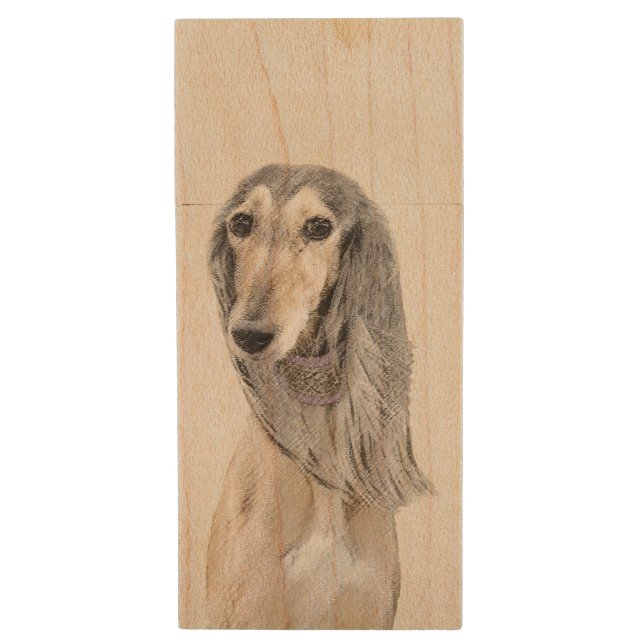 Saluki (Fawn) Painting - Cute Original Dog Art Wood Flash Drive (Front Vertical)