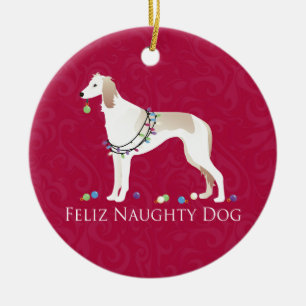Saluki Feliz Naughty Dog Christmas Design Ceramic Ornament