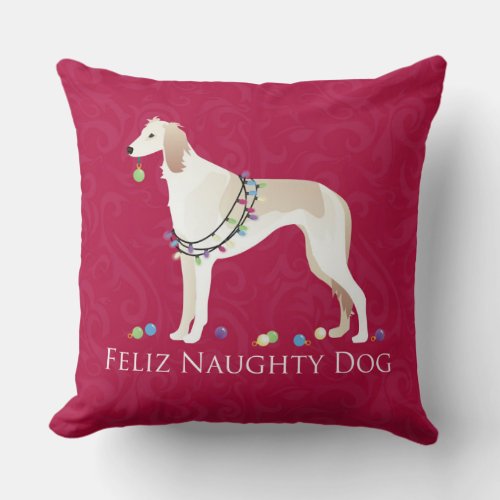 Saluki Feliz Naughty Dog Christmas Design Throw Pillow