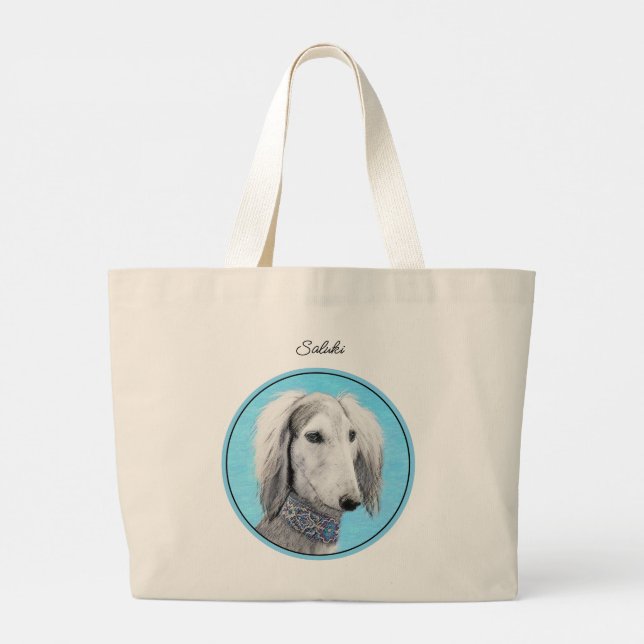 Saluki Painting Silver Feathered Original Dog Art Large Tote Bag (Back)