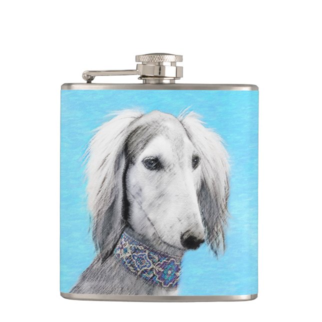 Saluki (Silver) Painting - Cute Original Dog Art Flask (Front)