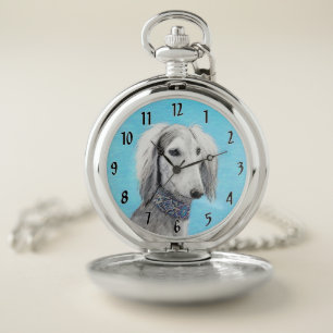 Saluki (Silver) Painting - Cute Original Dog Art Pocket Watch