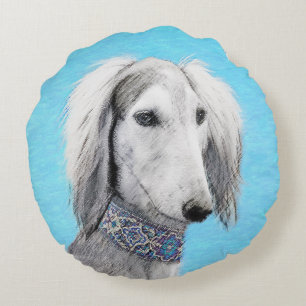 Saluki (Silver) Painting - Cute Original Dog Art Round Pillow