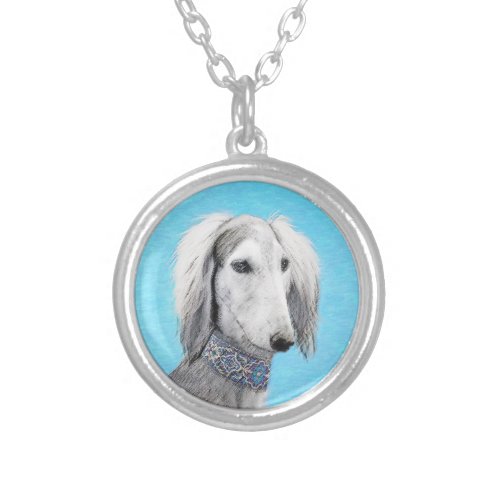 Saluki Silver Painting _ Cute Original Dog Art Silver Plated Necklace