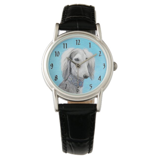 Saluki (Silver) Painting - Cute Original Dog Art Watch (Front)