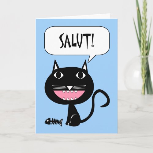 Salut Hello in French Black Cat with Fish Bones Card