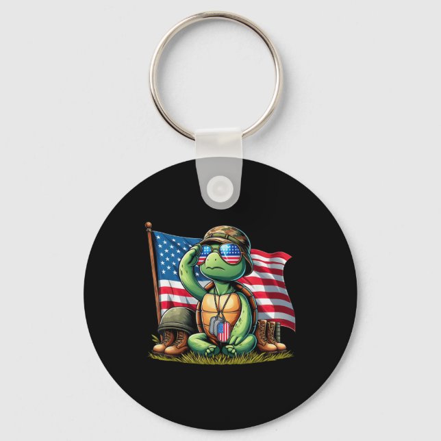 Salute Turtle American Usa Flag Memorial Day 4th O Keychain (Front)