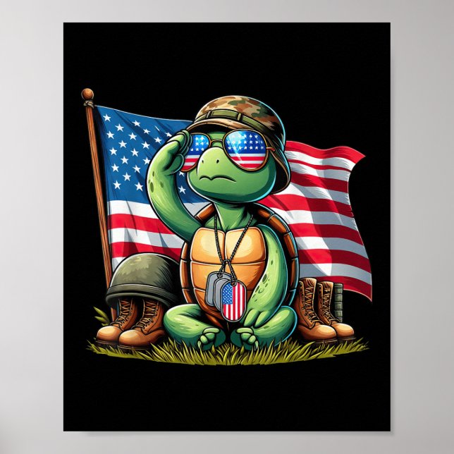 Salute Turtle American Usa Flag Memorial Day 4th O Poster (Front)