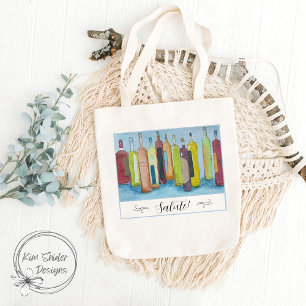 "Salute!" With Watercolor Wine Bottles on Blue Tote Bag