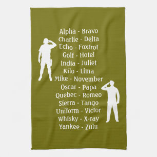 Saluting Army Soldiers Phonetic Alphabet Lesson Kitchen Towel