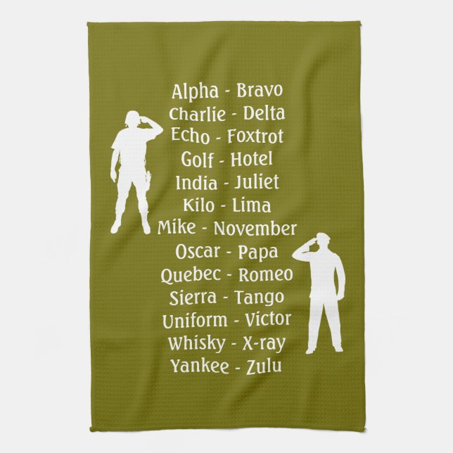 Saluting Army Soldiers Phonetic Alphabet Lesson Kitchen Towel (Vertical)