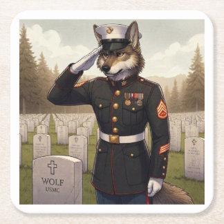 Saluting Marine Corps Wolf Square Paper Coaster