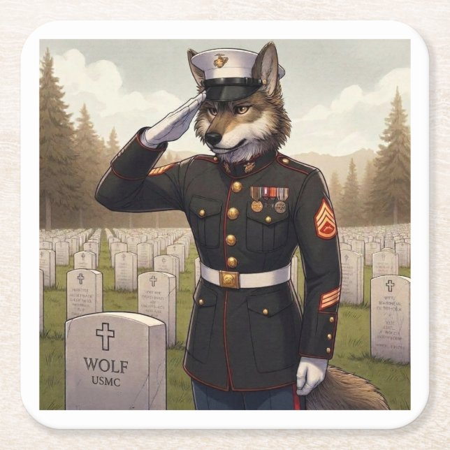 Saluting Marine Corps Wolf  Square Paper Coaster (Front)