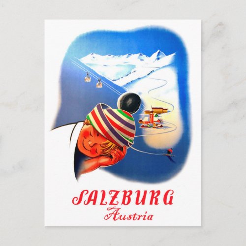 Salzburg Austria Boy is dreaming of skiing Postcard