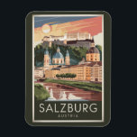 Salzburg Austria Illustration Travel Art Vintage Magnet<br><div class="desc">Salzburg retro vector travel design. Salzburg is an Austrian city on the border of Germany, with views of the Eastern Alps. The city is divided by the Salzach River, with medieval and baroque buildings of the pedestrian Altstadt (Old City) on its left bank, facing the 19th-century Neustadt (New City) on...</div>
