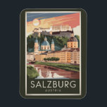 Salzburg Austria Illustration Travel Art Vintage Magnet<br><div class="desc">Salzburg retro vector travel design. Salzburg is an Austrian city on the border of Germany, with views of the Eastern Alps. The city is divided by the Salzach River, with medieval and baroque buildings of the pedestrian Altstadt (Old City) on its left bank, facing the 19th-century Neustadt (New City) on...</div>
