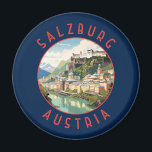 Salzburg Austria Retro Distressed Circle Magnet<br><div class="desc">Salzburg retro vector travel design. Salzburg is an Austrian city on the border of Germany, with views of the Eastern Alps. The city is divided by the Salzach River, with medieval and baroque buildings of the pedestrian Altstadt (Old City) on its left bank, facing the 19th-century Neustadt (New City) on...</div>