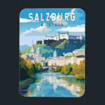 Salzburg Austria Travel Art Vintage Magnet<br><div class="desc">Salzburg retro vector travel design. Salzburg is an Austrian city on the border of Germany, with views of the Eastern Alps. The city is divided by the Salzach River, with medieval and baroque buildings of the pedestrian Altstadt (Old City) on its left bank, facing the 19th-century Neustadt (New City) on...</div>