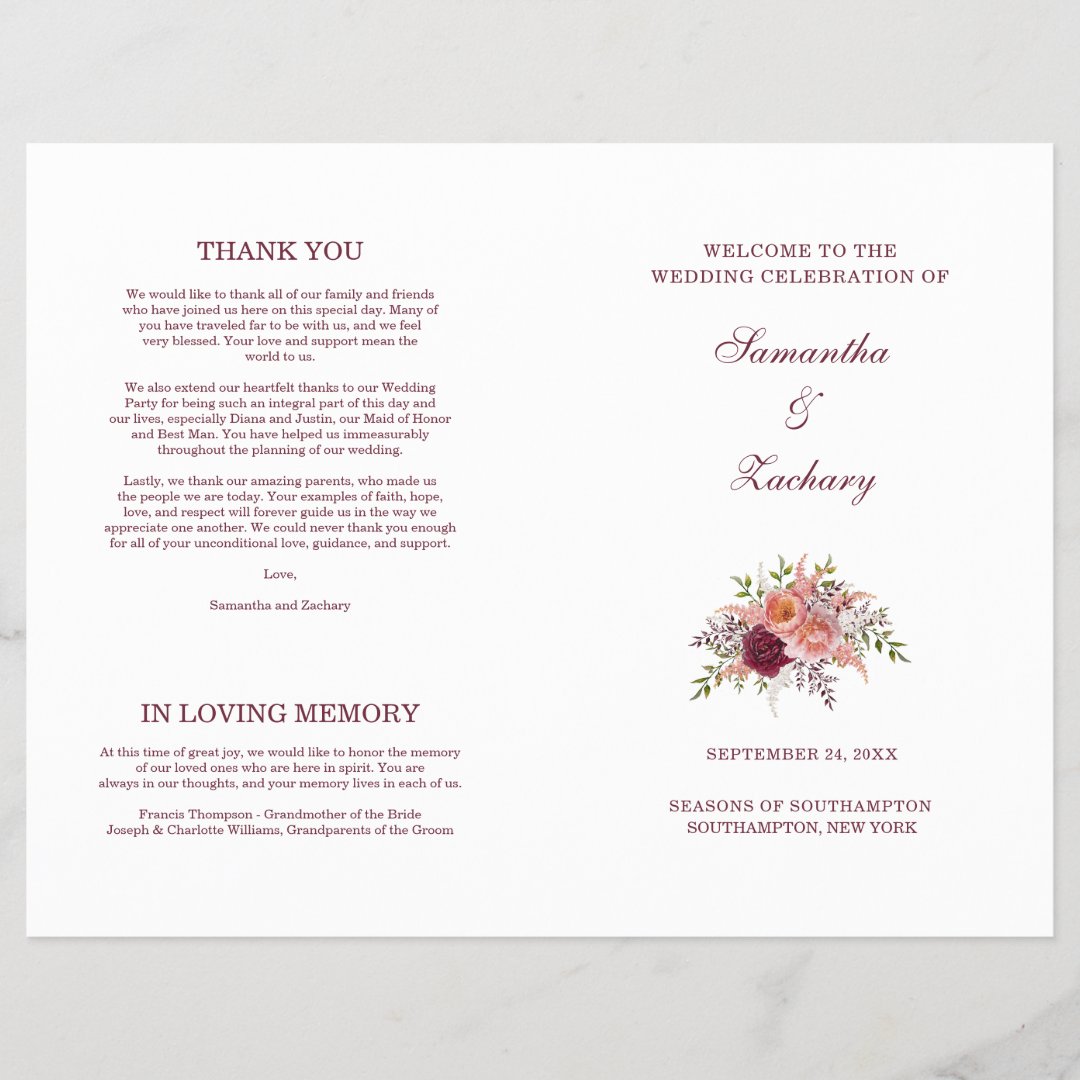 Samantha Elegant Burgundy Folded Wedding Program | Zazzle