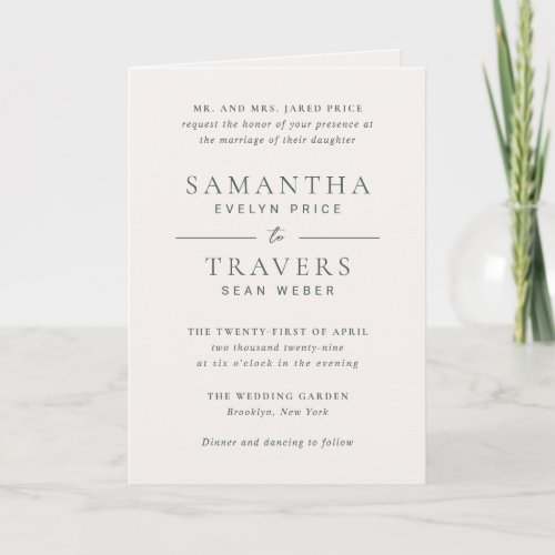 Samantha Forest Green Traditional Elegant Wedding Invitation