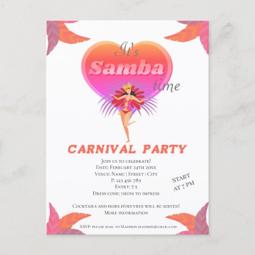 Samba dance brazilian carnival Invitation Postcard
