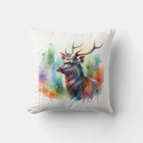 Sambar Deer AREF1614 1 _ Watercolor Throw Pillow
