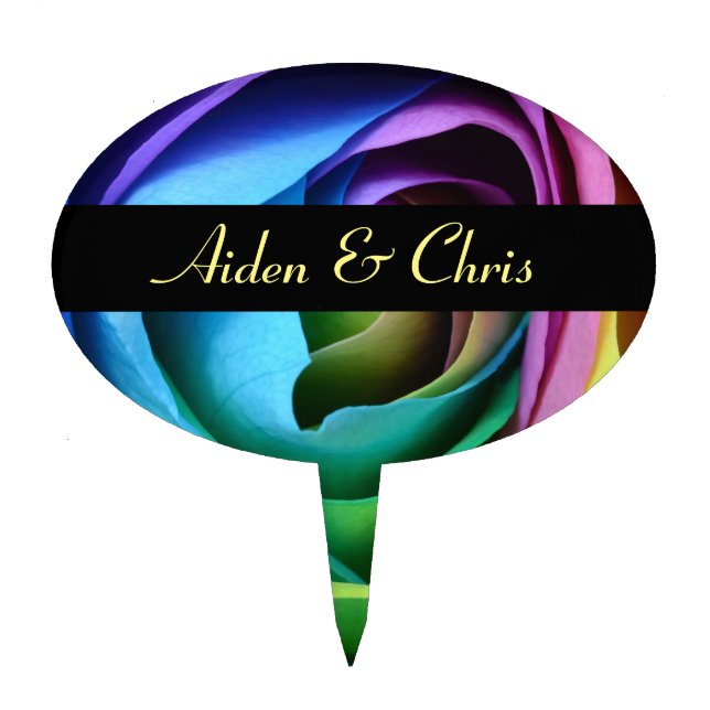 Same Gender Wedding Rainbow Rose Couple Names Cake Topper (Front)
