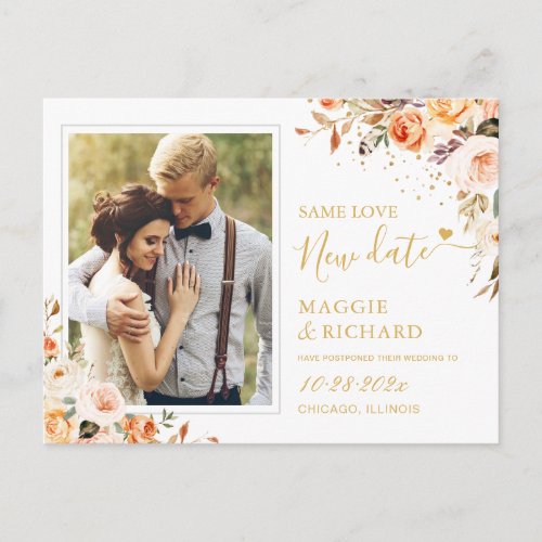Same Love Change the Date Autumn Gold Floral Postcard - Event Postponed Announcement Template - Autumn Gold Floral Change the Date Postcard. 
(1) For further customization, please click the "customize further" link and use our design tool to modify this template.
(2) If you need help or matching items, please contact me.