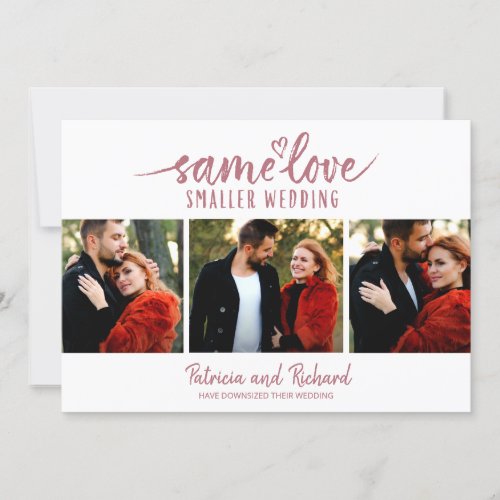 Same Love Cute Heart Downsize Wedding 3 Photo Invitation