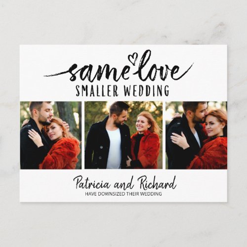 Same Love Cute Heart Downsize Wedding 3 Photo Postcard