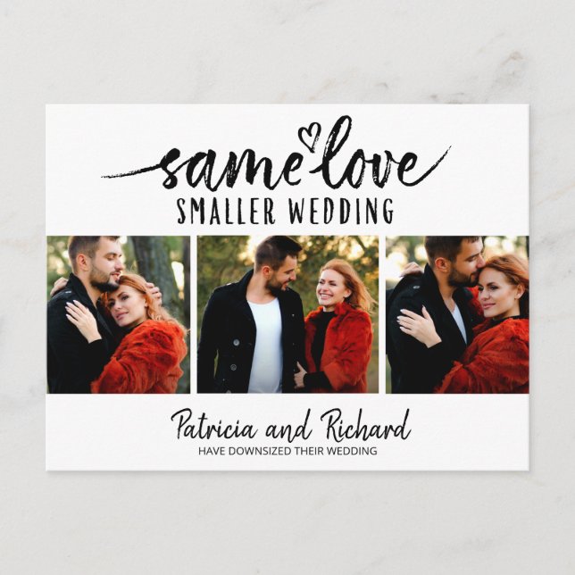 Same Love Cute Heart Downsize Wedding 3 Photo Postcard (Front)