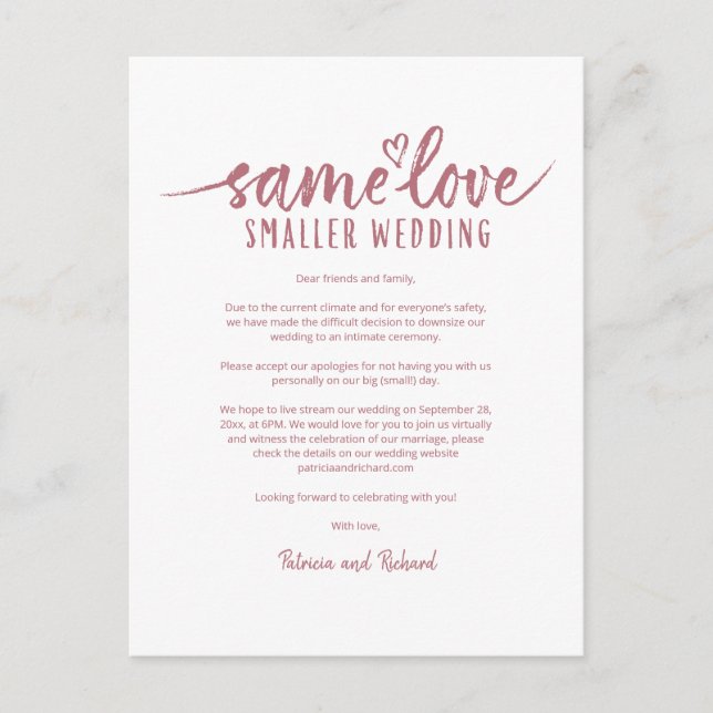 Same Love Cute Heart Downsize Wedding Postcard (Front)