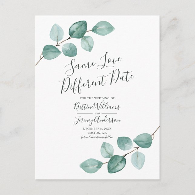 Same Love Different Date Eucalyptus Black Photo Announcement Postcard (Front)