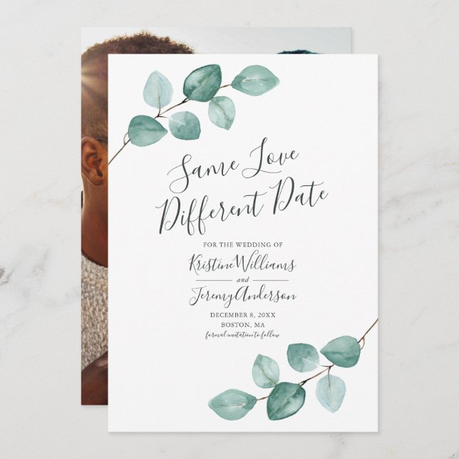 Same Love Different Date Eucalyptus Black Photo Save The Date (Front/Back)