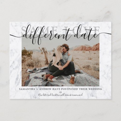Same love different date marble typography photo announcement postcard
