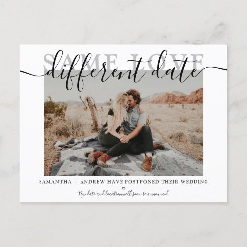 Same love different date modern typography photo announcement postcard