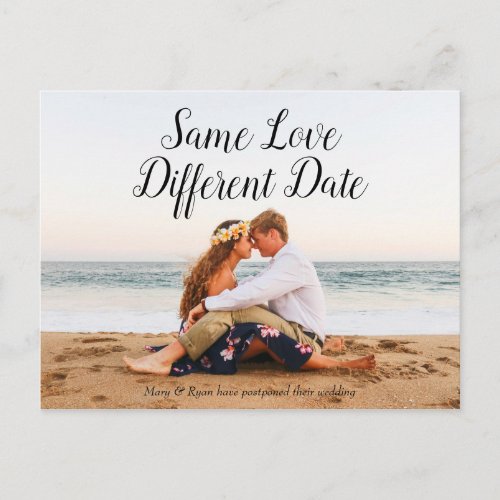 Same Love Different Date Wedding Postponed Black Postcard