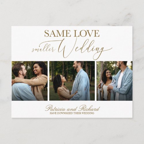 Same Love Downsize Wedding Simple Elegant 3 Photo  Postcard