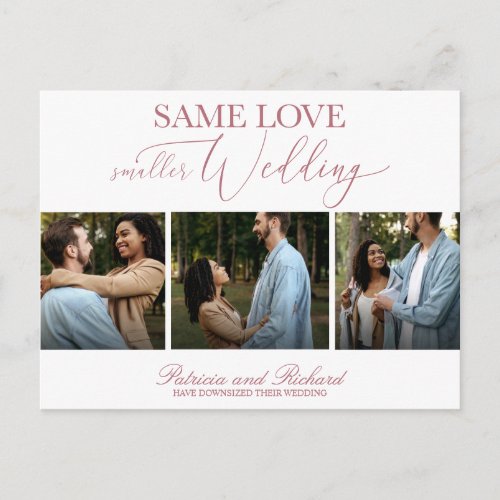 Same Love Downsize Wedding Simple Elegant 3 Photo Postcard