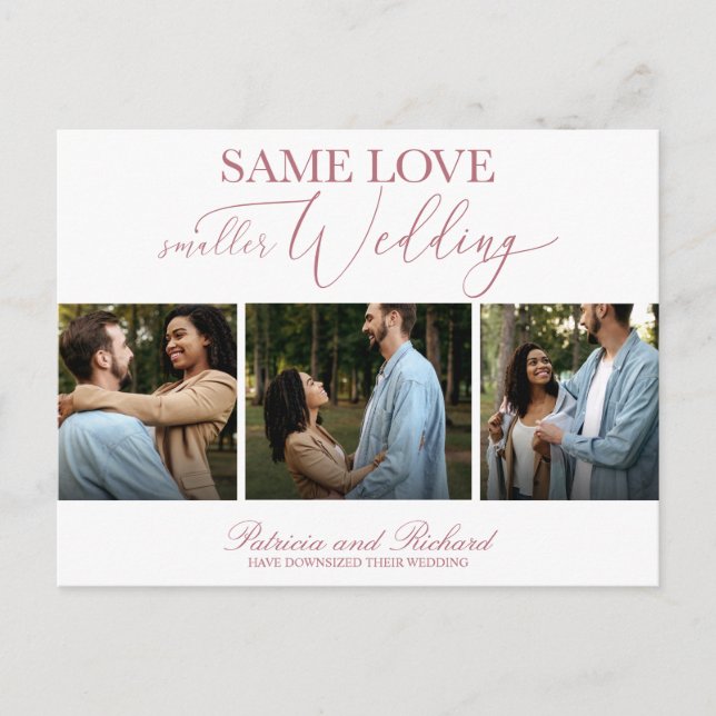 Same Love Downsize Wedding Simple Elegant 3 Photo Postcard (Front)