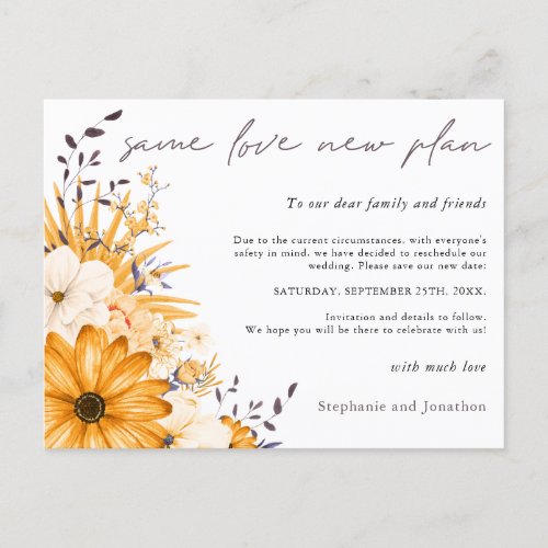 Same Love New Plan Date Yellow Gray Floral Wedding Announcement Postcard