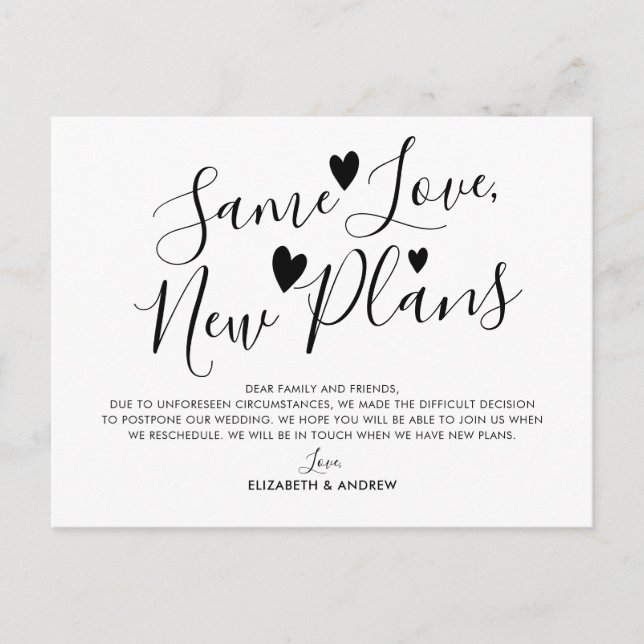 Same Love New Plans Hearts Wedding Postponement Announcement Postcard (Front)