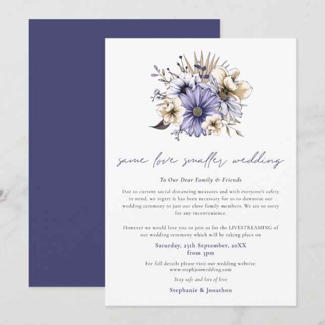 Same Love Smaller Wedding Downsize Purple Florals Announcement (Front/Back)