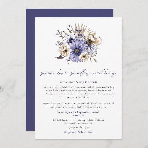 Same Love Smaller Wedding Downsize Purple Florals Announcement