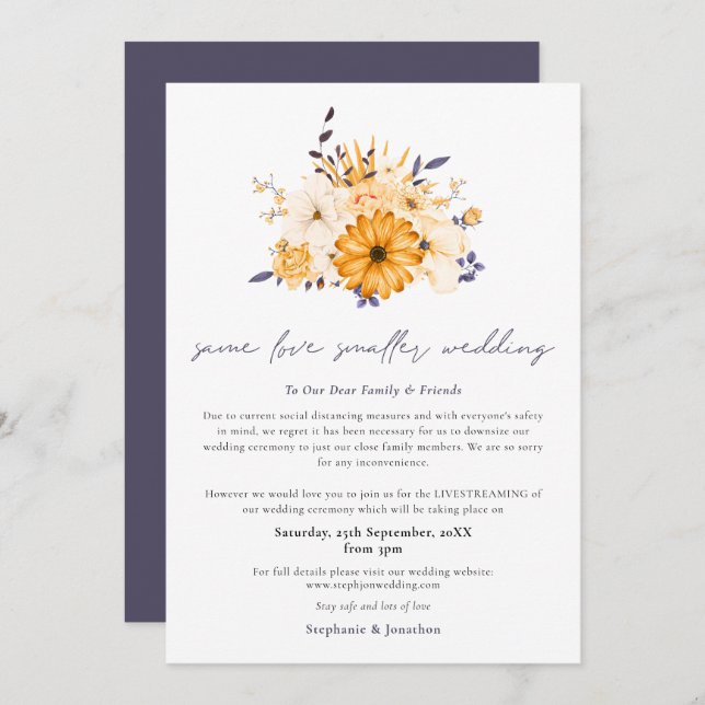 Same Love Smaller Wedding Downsize Script Florals Announcement (Front/Back)