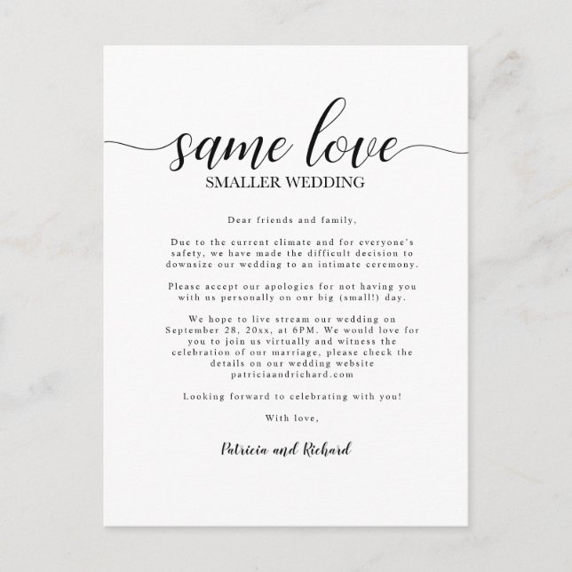 Same Love Smaller Wedding Downsize Wedding Postcard (Front)