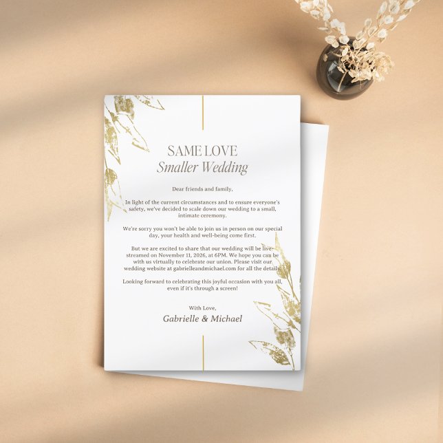 Same Love Smaller Wedding Downsized Apology Gold Invitation (Creator Uploaded)