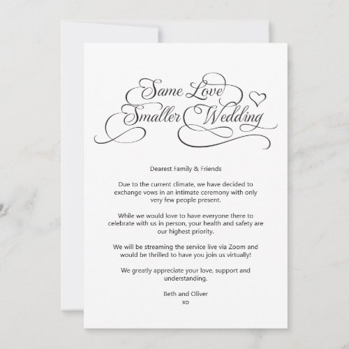 Same Love Smaller Wedding Downsized Calligraphy Announcement