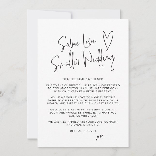 Same Love Smaller Wedding Downsized Script Font Announcement (Front)
