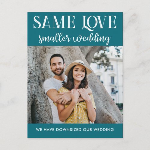 Same love smaller wedding downsized simple photo postcard